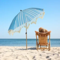 Northlight Striped Outdoor Macrame Boho Beach Market Umbrella With Tilt - 6.5' - Sky Blue And White