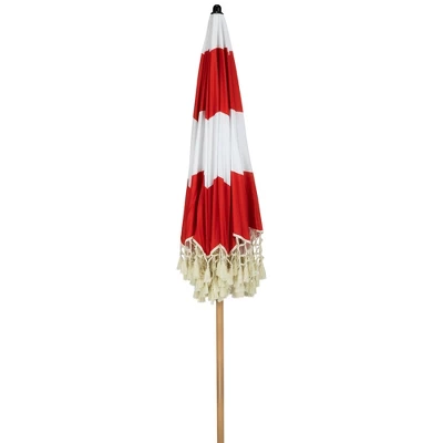 Northlight Striped Outdoor Macrame Boho Beach Market Umbrella With Tiltt- 6.5' - Red And White 5 Northlight Striped Outdoor Macrame Boho Beach Market Umbrella With Tiltt- 6.5' - Red And White - Image 5