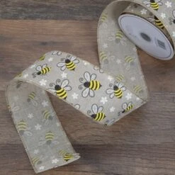 Northlight Natural Burlap Bumblebee Design Wired Spring Craft Ribbon 2.5" X 10 Yards