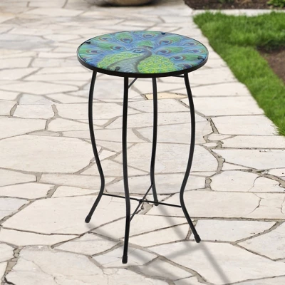 Northlight 19" Blue And Green Peacock Glass Patio Side Table 1 Northlight 19" Blue And Green Peacock Glass Patio Side Table